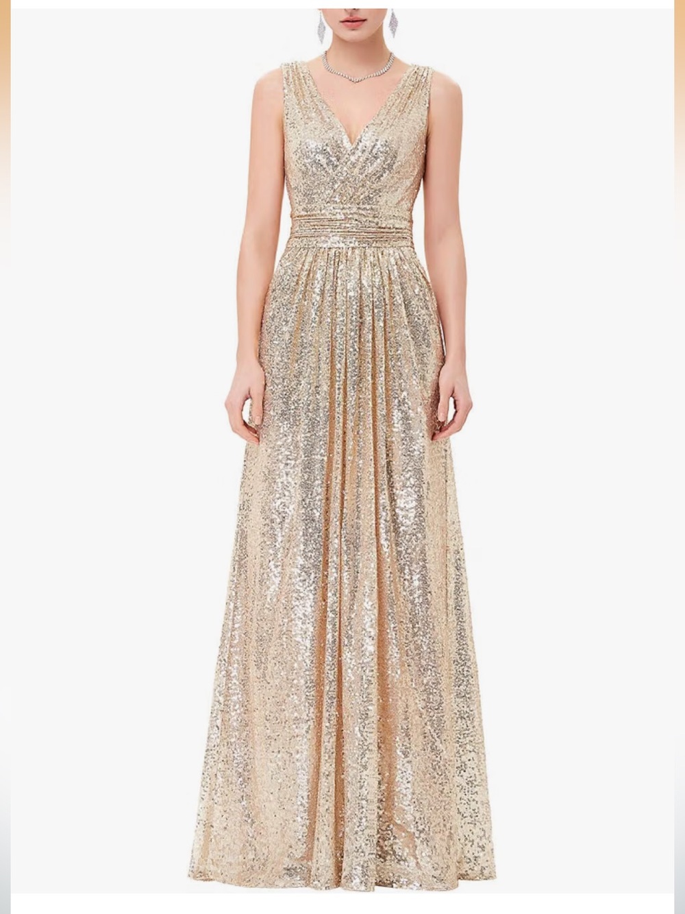 Gold Sequin V-Neck Maxi Evening Dress